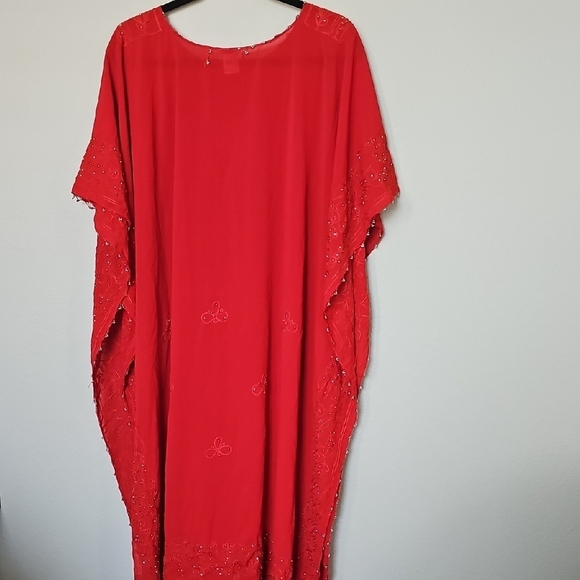 Sante Classics Vintage Red Boho Hippie Beaded  Embroidered Kaftan Dress One Size - Picture 10 of 10
